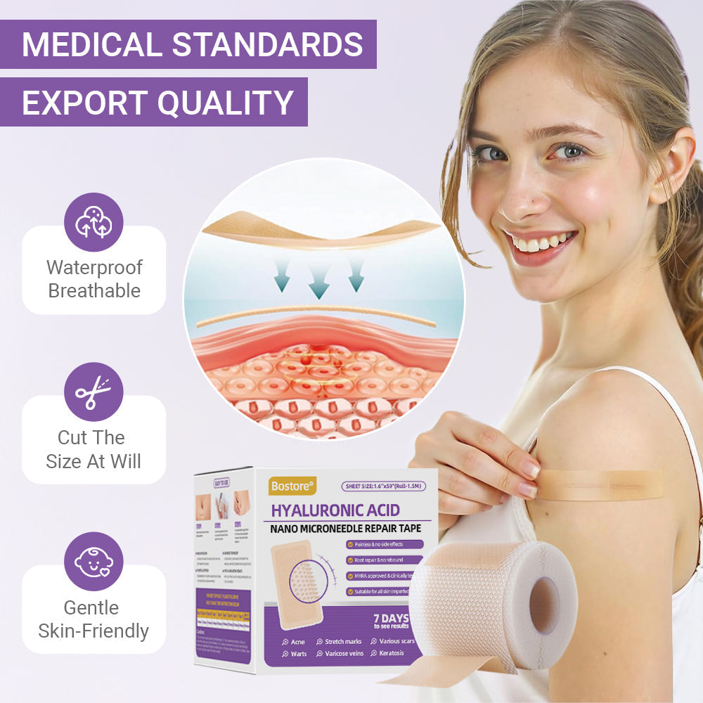Totai Skin Confidence Începe Aici ✅ Bostore® Acid Hialuronic Nano Microneedle Repair Tape ✴️ Pentru diverse cicatrici, vergeturi, pete, keloide, keratoze, acnee, arsuri, negi, etichete de piele și vene varicoase.