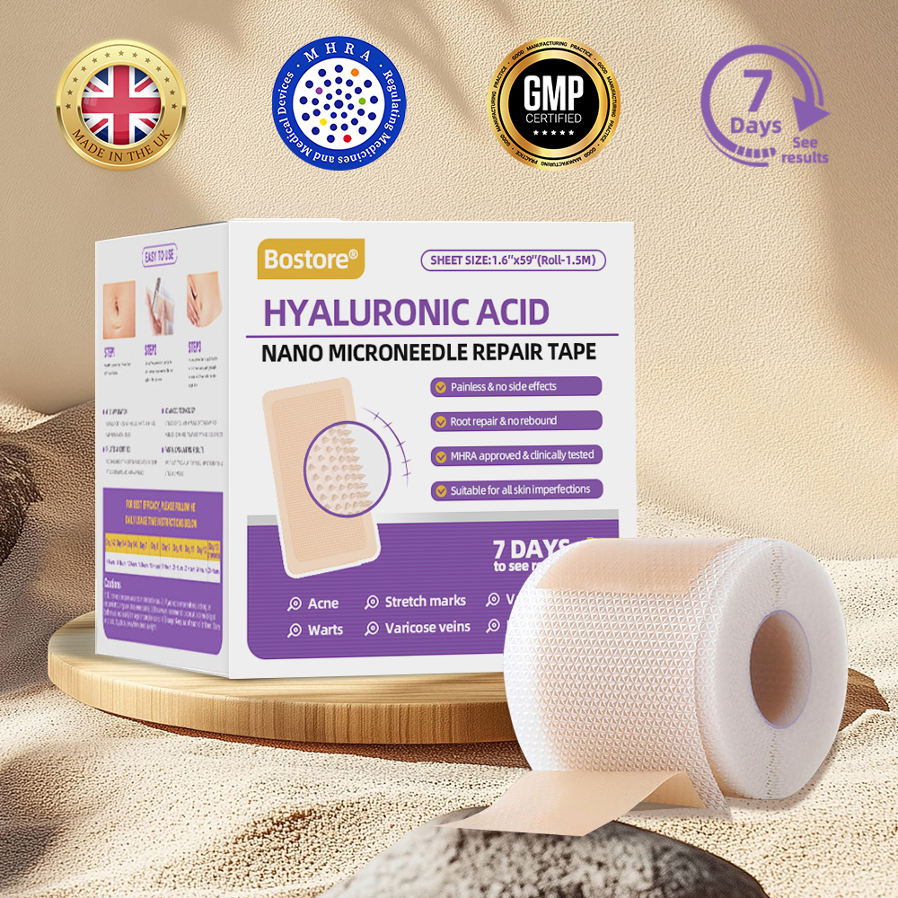 Totai Skin Confidence Începe Aici ✅ Bostore® Acid Hialuronic Nano Microneedle Repair Tape ✴️ Pentru diverse cicatrici, vergeturi, pete, keloide, keratoze, acnee, arsuri, negi, etichete de piele și vene varicoase.